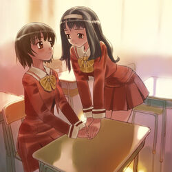  2girls bad_id bad_pixiv_id black_hair blush brown_eyes brown_hair classroom desk hairband holding_hands kamiizumi_yasuna kashimashi long_hair multiple_girls okayu_(crosspoint) osaragi_hazumu photoshop_(medium) ribbon school_desk school_uniform short_hair skirt sunlight yuri 