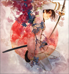  1boy 21grams axis_powers_hetalia bad_id bad_pixiv_id brown_hair cherry_blossoms flower formal japan_(hetalia) katana kneeling male_focus military military_uniform photoshop_(medium) red_eyes solo sun sword tree uniform weapon 