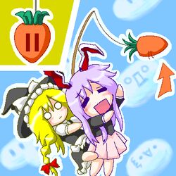  2girls :d =_= animal_ears arrow_(symbol) blonde_hair blush carrot carrot_(mario) carrot_on_stick carrying chibi commentary_request food hat kirisame_marisa lowres mario_(series) md5_mismatch merupo multiple_girls myonde o_o oekaki open_mouth parody piggyback purple_hair rabbit_ears reisen_udongein_inaba riding smile super_mario_land_2 super_marisa_world touhou witch_hat |_| 