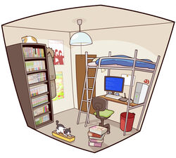  bad_id bad_pixiv_id bed blue_screen_of_death bookshelf chair computer feline fisheye floorplan indoors interior isometric loft_bed magamoto no_humans original room trash_can 