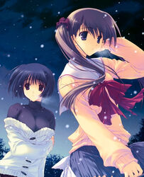  2girls absurdres asou_asuna blue_eyes blue_hair bow breasts brown_hair cleavage highres medium_breasts mitsumi_misato multiple_girls purple_eyes school_uniform snow sumadera_yukio tenshi_no_inai_12-gatsu twintails 