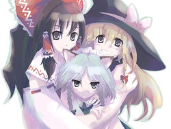  3girls animal_ears black_hair black_headwear blonde_hair bow braid detached_sleeves grey_hair hairbow hakurei_reimu hat izayoi_sakuya kemonomimi_mode kirisame_marisa long_hair long_sleeves looking_at_viewer multiple_girls ribbon-trimmed_sleeves ribbon_trim smile takanashi_akihito touhou twin_braids witch_hat 