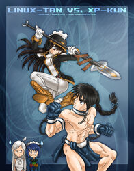  1boy 2k-tan braid brown_hair commentary english_commentary female genderswap_(ftm) gloves italian_commentary juzo-kun linux loincloth long_hair mixed-language_commentary os-tan osx polearm rule_63 scar spear weapon 