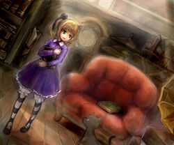  alice_(odin_sphere) black_bow blonde_hair bloomers book bow chair clock commentary_request conjaku couch dress dutch_angle feline female green_eyes hairbow holding holding_book hugging_book hugging_object indoors lolicon long_hair odin_sphere pantyhose purple_dress ribbon smile socrates_(odin_sphere) striped_clothes striped_pantyhose thighhighs twintails underwear 