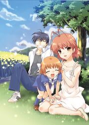  1boy 2girls antenna_hair blue_hair brown_eyes brown_hair clannad closed_eyes commentary_request family flower furukawa_nagisa grin happy_state lolicon misaki_juri multiple_girls nature okazaki_tomoya okazaki_ushio school_uniform short_hair smile tree 