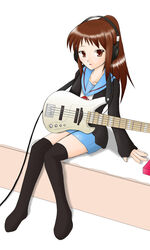  bass_guitar brown_hair cardigan female genderswap_(mtf) guitar headphones instrument kita_high_school_uniform kyonko ponytail rule_63 school_uniform solo suzumiya_haruhi_no_yuuutsu thighhighs tissue_box tissue_princess winter_uniform zettai_ryouiki 