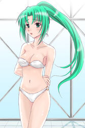  bad_id bad_pixiv_id bikini breasts female green_eyes green_hair higurashi_no_naku_koro_ni long_hair ponytail solo somami sonozaki_mion swimsuit white_bikini 