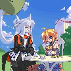  2girls blue_eyes braid cup dragon girl_with_a_blonde_braid_(tomoshibi_hidekazu) long_hair lowres mof mof&#039;s_silver_haired_twintailed_girl multiple_girls oekaki orange_hair original silver_hair teacup teapot twintails very_long_hair 