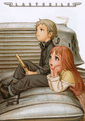  1boy blonde_hair bob_cut claus_valca female goggles grey_eyes highres last_exile lavie_head lolicon long_hair murata_range official_art photoshop_(medium) red_hair scan short_hair sitting smile steampunk vanship 