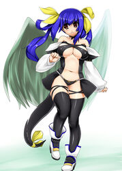  absurdres asymmetrical_wings bare_shoulders blue_hair blush breasts cleavage commentary_request dizzy_(guilty_gear) female guilty_gear hair_ribbon henkuma highres huge_breasts legs navel panties red_eyes ribbon solo tail tail_ornament tail_ribbon thighhighs twintails underwear wings 