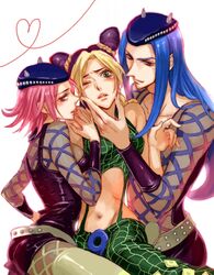  1boy 2girls bad_id bad_pixiv_id bisexual_female cone_hair_bun ffm_threesome fishnet_top fishnets genderswap_(mtf) group_sex hair_bun heart heart_of_string jojo_no_kimyou_na_bouken kujo_jolyne matsuo_shin midriff multiple_girls narciso_anasui parody rule_63 shoujo_kakumei_utena spider_web_print stone_ocean threesome 