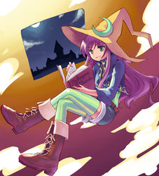  black_mage_(final_fantasy) book boots commentary_request cosplay croma croma_(cosplay) faris_scherwiz female final_fantasy final_fantasy_5 final_fantasy_fables green_eyes green_thighhighs hat long_hair purple_hair short_shorts shorts solo striped_clothes striped_thighhighs thighhighs udon_(memai_no_kabe) vertical-striped_clothes vertical-striped_thighhighs witch_hat 