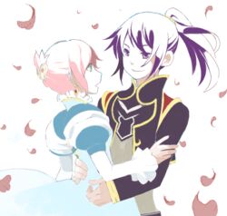  1boy bad_id bad_pixiv_id black_hair couple dress estellise_sidos_heurassein female flower negi_(loveyr) official_alternate_costume pink_hair ponytail straight tales_of_(series) tales_of_vesperia yuri_lowell yuri_lowell_(true_knight) 