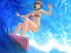  bikini bracelet braid brown_hair female front-tie_top game_cg green_eyes happoubi_jin jewelry kuouzumiaiginsusutakeizumonokamimeichoujin_mika open_mouth red_bikini resort_boin short_hair side-tie_bikini_bottom skindentation smile solo strap_gap surfboard surfing swimsuit twin_braids waves yin_yang 