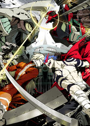  2boys battle commentary_request drill duel enkidu_(ttgl) gurren-lagann highres kamina_(ttgl) lens_flare male_focus manly mecha midriff_sarashi miwa_shirow multiple_boys photoshop_(medium) robot sarashi sharp_teeth sunglasses super_robot sword tattoo teeth tengen_toppa_gurren_lagann topless_male viral_(ttgl) weapon 