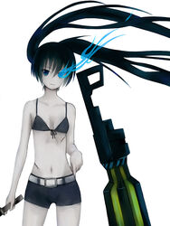  arm_cannon bare_arms bare_shoulders belt belt_buckle bikini black_hair black_rock_shooter black_rock_shooter_(character) blue_eyes buckle commentary_request female flaming_eye front-tie_bikini_top front-tie_top gun highres holding holding_sword holding_weapon kuma_panda long_hair looking_at_viewer navel no_shirt shorts solo standing stitches stomach swimsuit sword twintails weapon 