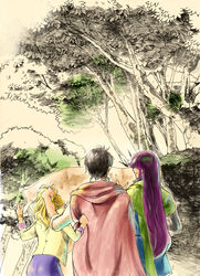  2girls androgynous bartz_klauser blonde_hair cape commentary_request faris_scherwiz final_fantasy final_fantasy_5 forest headband highres krile_mayer_baldesion_(ff5) long_hair multiple_girls nature photoshop_(medium) ponytail purple_hair reverse_trap short_hair toutoumi tree 