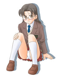  blush brown_eyes brown_hair commentary_request female glasses hikushibe_aya lielos original panties pantyshot school_uniform skirt socks solo underwear 