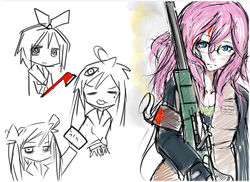  4girls ahoge axe bad_id bad_pixiv_id blood gun hiiragi_kagami hiiragi_tsukasa izumi_konata long_hair lucky_star mole mole_under_eye multiple_girls partially_colored pink_hair rifle sketch sne sniper_rifle takara_miyuki weapon 