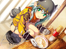  bandages blush boots bowl chopsticks dutch_angle eating egg female food food_in_mouth game_cg green_eyes hat jingai_makyou kamaboko kaze_no_ushiro_wo_ayumumono_(kazeko) mouth_hold narutomaki nishii_(damnedrive) non-web_source noodles pointy_ears ramen scarf short_shorts shorts smile solo squatting stool torn_clothes white_hair 