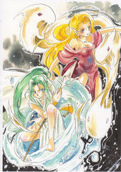  1boy bad_id bad_pixiv_id barefoot blonde_hair byunei demon demon_girl dress female forneus ishii long_hair pointy_ears polearm red_eyes romancing_saga_3 saga trident water weapon 