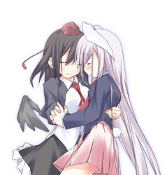  2girls animal_ears arm_around_waist black_hair black_wings blush closed_eyes couple detached_wings formal hat holding_hands interlocked_fingers long_hair miniskirt mizuno_minato multiple_girls pink_hair rabbit_ears rabbit_tail reisen_udongein_inaba shameimaru_aya skirt tail tokin_hat touhou very_long_hair wings yuri 