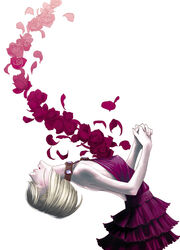  arched_back ayamura_kirihito bare_arms bare_shoulders blonde_hair bob_cut breasts choker closed_eyes colored_eyelashes commentary_request dress female fingernails flower from_side gem halterneck interlocked_fingers jewelry kate_ashley layered_dress leaning_back necklace open_mouth own_hands_together petals profile purple_dress red_flower red_garden red_rose rose rose_petals short_hair simple_background small_breasts solo upper_body white_background 