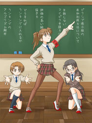  3girls board_eraser brown_eyes brown_hair chalkboard commentary_request fujimoto_atsuko hare_hare_yukai hikushibe_aya lielos multiple_girls original panties pantyhose parody poniko_(lielos) ponytail school_uniform shoes socks standing suzumiya_haruhi_no_yuuutsu underwear unmoving_pattern uwabaki 