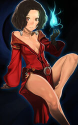  bare_shoulders barefoot black_hair breasts cleavage copyright_request earrings female jewelry kichin_yarou magic no_lineart short_hair small_breasts solo 