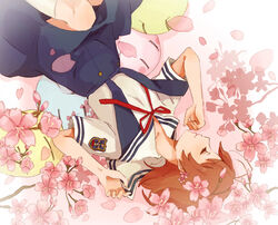  brown_hair cherry_blossoms clannad closed_eyes commentary_request dango_daikazoku female flower furukawa_nagisa hikarizaka_private_high_school_uniform photoshop_(medium) school_uniform short_hair solo yoshi_92 