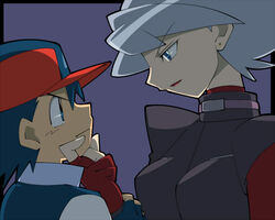  1boy age_difference amada angry arm_grab baseball_cap blue_eyes blue_hair border breasts coat commentary_request earrings eye_contact female fingerless_gloves from_side gloves grabbing_another&#039;s_chin grey_hair hair_between_eyes hand_on_another&#039;s_chin hat j_(pokemon) jewelry large_breasts lipstick looking_at_another looking_down makeup mature_female naughty_face onee-shota pokemon pokemon_(anime) pokemon_dppt_(anime) profile red_lips satoshi_(pokemon) short_hair simple_background smile straight strap trench_coat turtleneck upper_body vest 