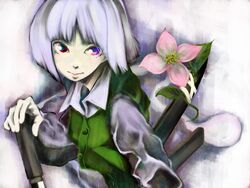  bad_id bad_pixiv_id blunt_ends bob_cut closed_mouth dogwood_(flower) female flower green_vest grey_hair grey_shirt hand_on_hilt hitodama iriomote_yamanuko konpaku_youmu konpaku_youmu_(ghost) leaf looking_at_viewer no_tsuba pink_flower red_eyes scabbard sheath shirt solo sword touhou upper_body vest weapon 