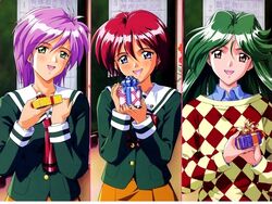  1990s_(style) 3girls asou_kasumi blue_eyes blush brown_eyes checkered column_lineup gift green_eyes green_hair green_shirt hibikino_high_school_uniform hinomoto_hikari holding holding_gift kokura_masashi long_hair mole mole_under_eye multiple_girls official_art official_wallpaper purple_hair red_hair retro_artstyle scan school_uniform shirt short_hair tokimeki_memorial tokimeki_memorial_2 yae_kaori 