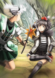  2girls action amibazh armor attack battle black_hair black_skirt blocking blurry brown_eyes clash clenched_hand commentary duel fine_art_parody geta green_eyes green_skirt hairband hand_fan hand_on_own_thigh hat hauchiwa highres japanese_armor jinbaori konpaku_youmu kote kurokote looking_at_another multiple_girls nose parody photoshop_(medium) shameimaru_aya short_hair skirt smile smug squatting standing standing_on_one_leg sword takeda_shingen tengu-geta tokin_hat touhou uesugi_kenshin water waterfall weapon white_hair 