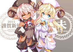  2girls bell blonde_hair blue_eyes breasts elbow_gloves fujishima-01 hat horns leotard long_hair oerba_yun_fang original pink_hair pointed_ears sheepgirl short_hair 