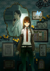  1boy analog_clock bad_id bad_pixiv_id belt black_hair black_pantyhose blue_eyes brown_hair bug butterfly cellphone clock collared_shirt dress_shirt female flower framed_insect gears holding holding_phone jacket key lab_coat long_hair looking_at_viewer makise_kurisu map mirror miya_(hooooo) necktie off_shoulder okabe_rintarou pantyhose pantyhose_under_shorts pen pen_in_pocket phone photoshop_(medium) picture_frame profile red_necktie reflection rose shirt short_hair shorts standing steins;gate wallpaper_(object) white_shirt wing_collar yellow_flower yellow_rose 