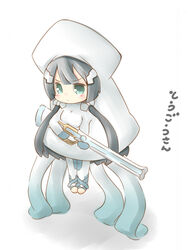  :&lt; alternate_hairstyle black_hair blush breasts chibi cleavage closed_mouth commentary female full_body green_eyes gun holding holding_gun holding_weapon long_hair low_twintails magical_girl medium_breasts rifle simple_background sniper_rifle solo squid_costume ten_usagi tougou_mimori translated twintails very_long_hair weapon white_background yuuki_yuuna_wa_yuusha_de_aru yuusha_de_aru 