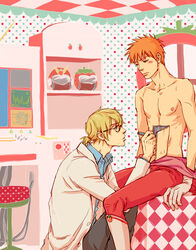  2boys bleach blonde_hair blush cyborg examination facial_hair glasses kim_pang-e kurosaki_ichigo labcoat medical multiple_boys orange_hair science shirtless stubble topless urahara_kisuke 