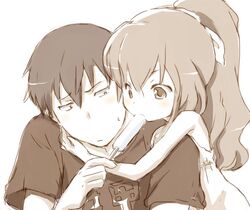  1boy aisaka_taiga blush casual commentary_request dress feeding female food hug long_hair monochrome ponytail popsicle shirotaka_(shirotaka) short_hair takasu_ryuuji toradora! 