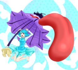  bare_legs barefoot blue_eyes blue_hair commentary_request female geta heterochromia highres karakasa_obake miimu_(nelreg3) open_mouth purple_umbrella red_eyes short_hair skirt smile solo tatara_kogasa tongue touhou umbrella 