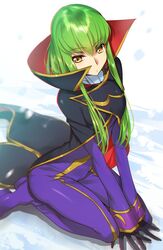  c.c. code_geass commentary_request cosplay creayus female green_hair long_hair looking_at_viewer simple_background solo yellow_eyes zero_(code_geass) zero_(code_geass)_(cosplay) 