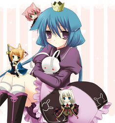  4girls 7th_dragon 7th_dragon_(series) :d animal_ears aono_ribbon blonde_hair blue_eyes blue_hair cat_ears chibi commentary_request crown fighter_(7th_dragon) green_eyes hair_ornament harukara_(7th_dragon) holding hugging_doll hugging_object ikurakun_(7th_dragon) katana light_brown_hair long_hair looking_at_viewer mage_(7th_dragon) mini_crown mini_person minigirl momomeno_(7th_dragon) multiple_girls namuna_(7th_dragon) open_mouth photoshop_(medium) pink_hair princess_(7th_dragon) purple_eyes samurai_(7th_dragon_series) short_hair sitting size_difference smile sword twintails weapon 