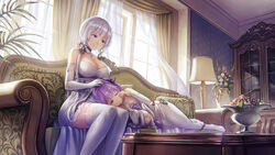  2girls anbe_yoshirou anthro apple azur_lane blue_eyes breasts couch dress elbow_gloves flowers food fruit garter_belt gloves hms_unicorn_(azur_lane) illustrious_(azur_lane) long_hair purple_eyes purple_hair stockings thighhighs twintails white_hair wink 