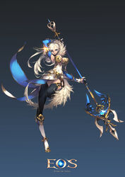  absurdres arm_up armpits blue_eyes boots breasts commentary_request copyright_name covered_navel detached_sleeves echo_of_soul female gradient_background guardian_(echo_of_soul) highres large_breasts long_hair photoshop_(medium) pointy_ears polearm solo thighhighs trident weapon white_hair yato0401 