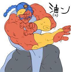  1boy bare_shoulders baseball_cap blue_hair bridal_gauntlets colored_skin cosplay facial_hair hakan hat male_focus moustache muscular muscular_male no_pupils oetaro oil red_skin solo street_fighter street_fighter_iv_(series) yun_lee yun_lee_(cosplay) 