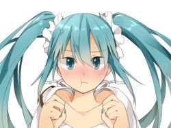  aqua_eyes aqua_hair blush collarbone commentary_request female full-face_blush hair_ornament hatsune_miku long_hair looking_at_viewer nail_polish naruto_maki pout solo transparent_background twintails vocaloid 