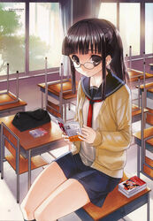  black_hair cardigan chair classroom copyright_request desk female glasses grey_eyes highres indoors koin_(foxmark) long_hair long_sleeves looking_at_viewer metal_witch_sisters neckerchief novel_(object) on_desk open_cardigan open_clothes photoshop_(medium) ponytail reading school_desk school_uniform serafuku sitting skirt smile solo tree window 