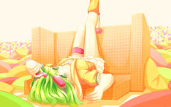  boots bridal_garter commentary_request couch dararito female goggles goggles_on_head green_eyes green_hair gumi leg_up lying on_back pillow short_hair solo upside-down vocaloid 