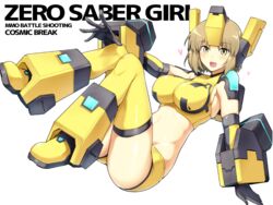  :d bare_shoulders boots breasts brown_eyes brown_hair commentary_request cosmic_break elbow_gloves female gloves halcon headgear heart large_breasts looking_at_viewer open_mouth rei_(cosmic_break) short_sleeves simple_background skindentation smile solo stomach thighhighs white_background yellow_thighhighs zero_saber_(cosmic_break) 