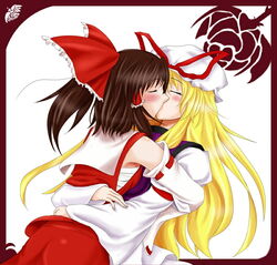  2girls blonde_hair blush border bow brown_hair commentary_request detached_sleeves hair_tubes hairbow hakurei_reimu hat hug kissing long_hair mob_cap multiple_girls red_border sarashi suzuki_sakura tabard touhou yakumo_yukari yuri 